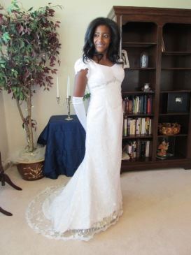 slim fit dress slacks M709 Modest Wedding Dress