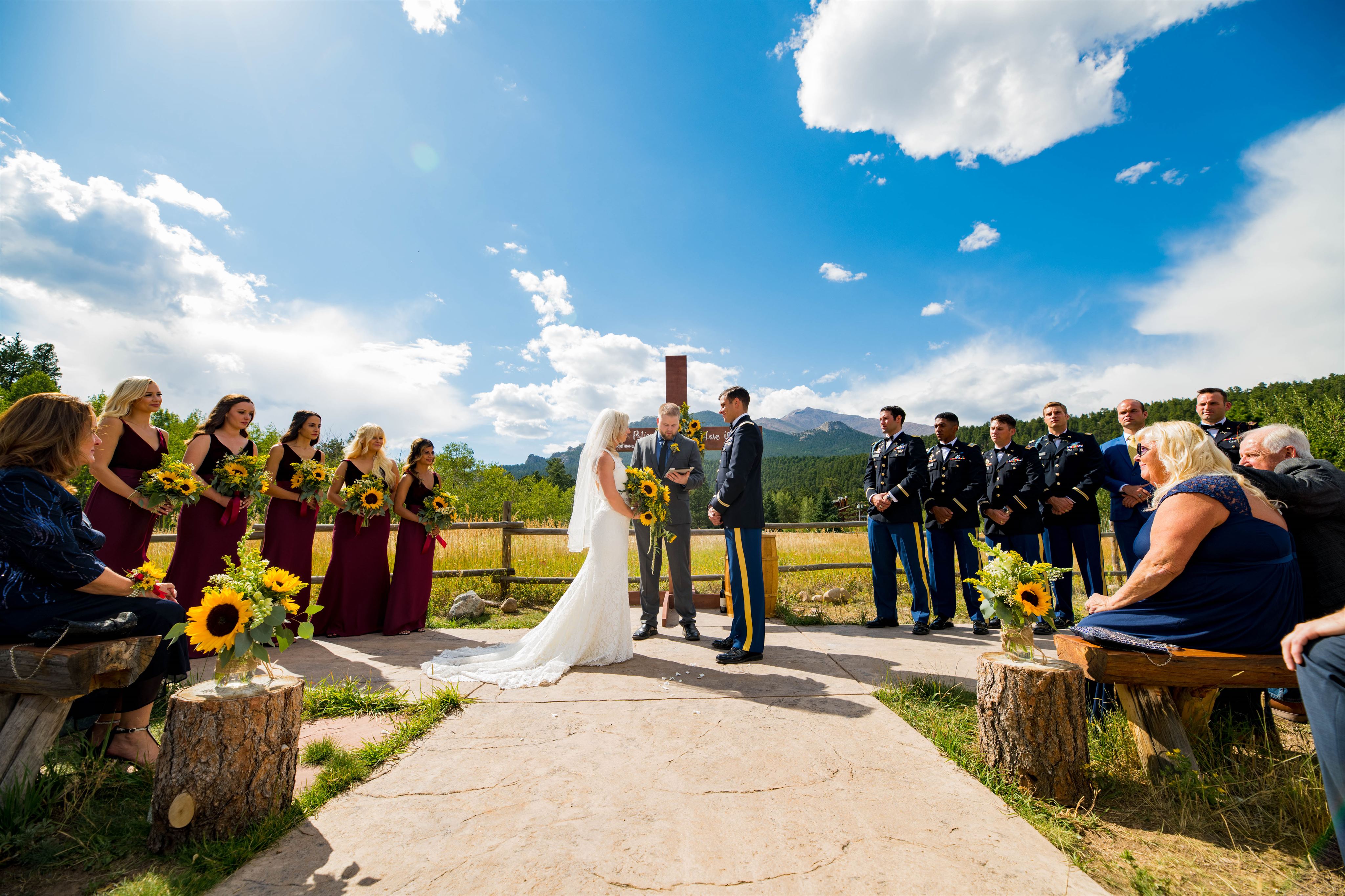 A couple getting married in early fall at the Wild Basin Lodge venue in Allespark, Colorado.